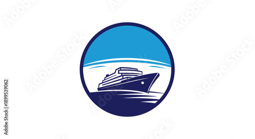 Elegant Cruise Ship Sailing on Waves in Round Emblem Logo, isolated white background
