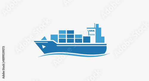 Blue Cargo Ship with Containers Transporting Goods, isolated white background