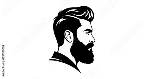 Bold Bearded Man Profile Head with Classic Hairdo, isolated white background