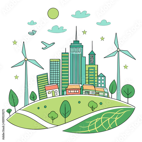 A harmonious city blending renewable energy and sustainable urban living