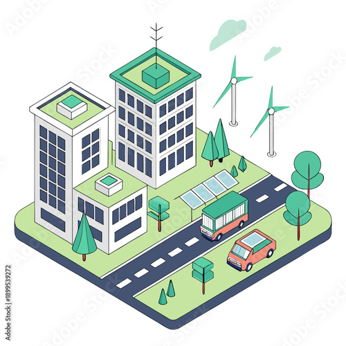 Sustainable urban development featuring eco-friendly infrastructure and renewable energy sources