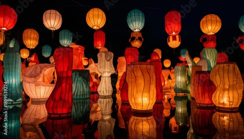 Colorful Display of Hanging Lanterns at a Night Festival in a Vibrant Atmosphere