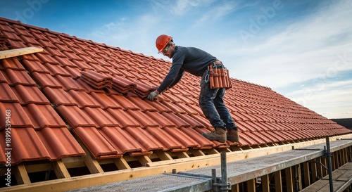 Wallpaper Mural Essential Worker Skillfully Installing Quality Ceramic Roofing Tiles for Beautiful Residential Homes Torontodigital.ca