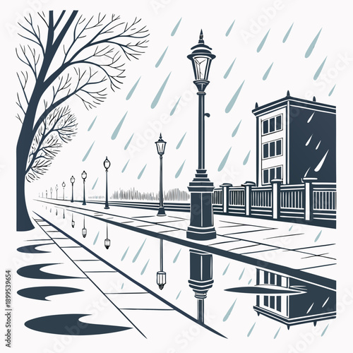 Quiet evening along a reflective city street with lampposts and buildings