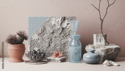 Wood and Ceramic Objects Arranged on a Display in a Modern Interior Setting