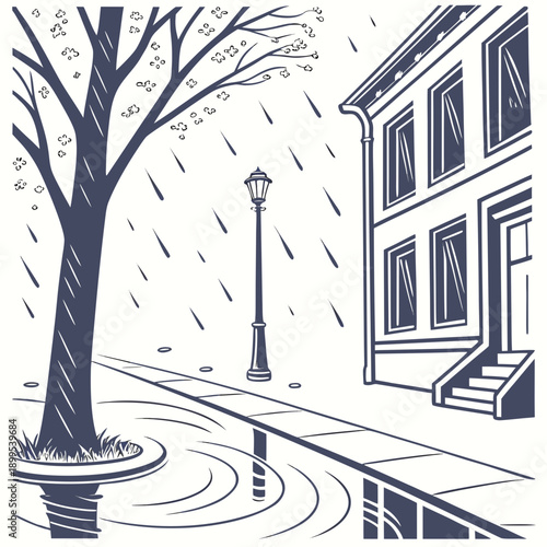 A quiet evening walk along a snowy urban street with a single streetlamp