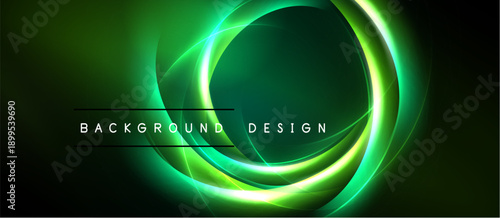 Abstract green neon lines form circular shapes. Dark background enhances glowing effect. Modern design element for presentations.