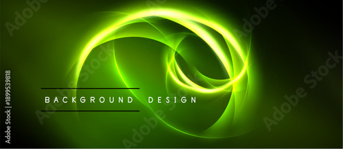 Bright green energy swirls over dark backdrop. Text reads background design. Modern abstract visual presentation.