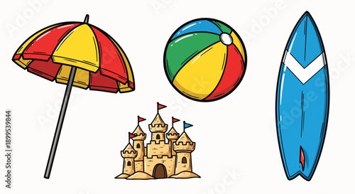 Colorful beach umbrella ball sandcastle surfboard vector illustration set summer vacation fun tropical holiday