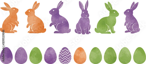 Easter bunnies and eggs in purple green and orange colors