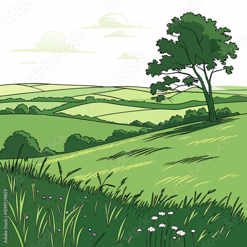 Serene pastoral landscape with rolling green hills and a lone tree under a clear sky