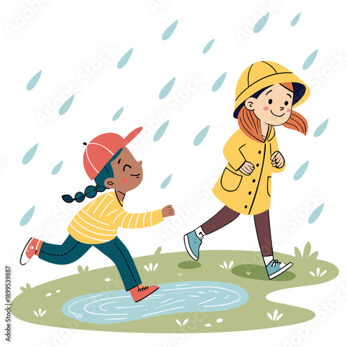 Two children joyfully playing in puddles during a rainy day with umbrellas.
