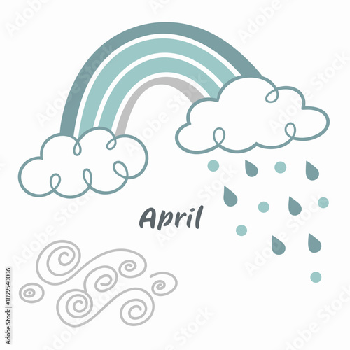 April weather depicted with a rainbow, clouds, and showers under a windy sky