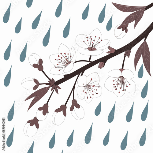 A serene winter scene with snowflakes and raindrops falling from bare branches.