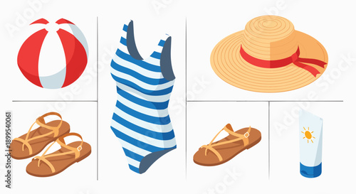 Isometric collection summer beach vacation items holiday fun beach summer vacation travel holiday swimming accessories