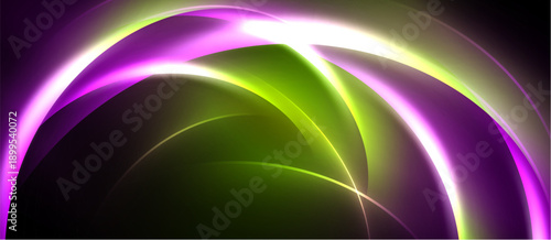 Abstract design features curved shapes, vibrant colors. Green, purple, white blend creating dynamic visual effect. Smooth gradients dominate composition.
