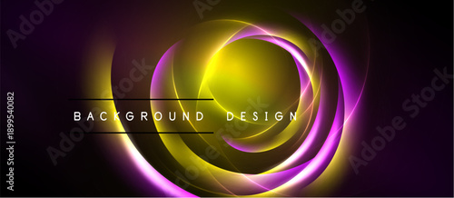 Abstract neon swirls, purple, gold hues. Dynamic light effects create circular patterns, modern design element. Background features text.