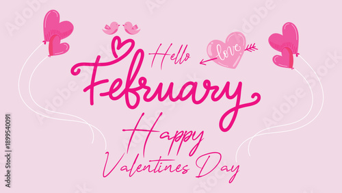 Hello February Happy Valentines Day Pink Love Hearts Romantic Typography Design