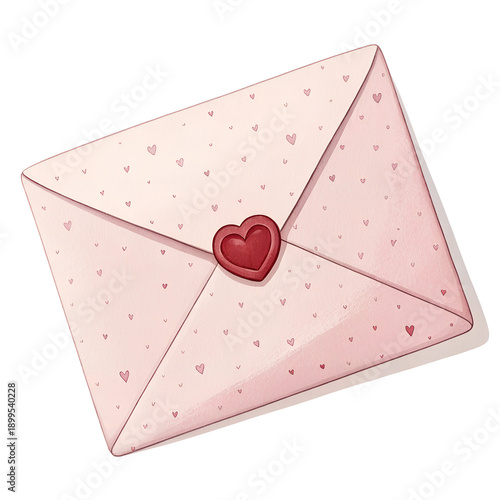Love letter envelope with heart seal, romantic Valentine object, soft paper texture, minimal shadows, isolated PNG,