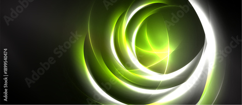 Abstract swirls, vibrant green hues, white light. Dynamic composition creates energy, modern aesthetic. Dark background emphasizes luminosity.