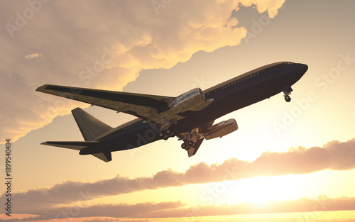 Startendes Verkehrsflugzeug bei Sonnenuntergang