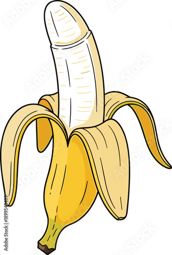 Surreal peeled banana illustration with human-like interior, humorous visual pun concept, creative artwork, yellow fruit design, vector drawing style