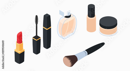 Isometric beauty makeup accessories collection on white background lipstick mascara perfume foundation powder brush cosmetic
