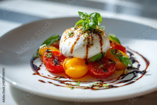Burrata cheese heirloom tomato basil salad balsamic glaze plate appetizer provide inviting refreshing atmosphere with fresh organic ingredient serve on white dish for lunch meal