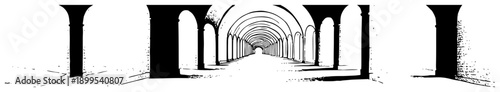 Perspective view of long arched corridor tunnel with columns