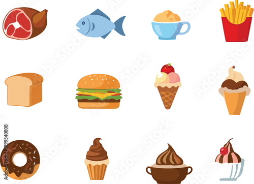 Vector illustration of assorted food items including meats, breads, fries, and desserts arranged in colorful 3x4 grid layout