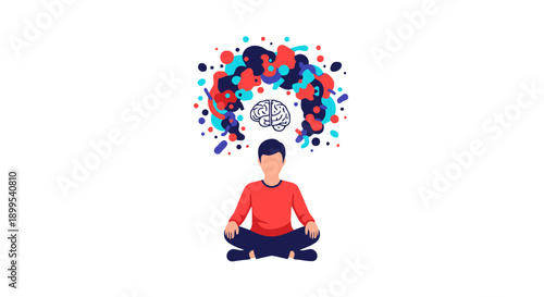 Man Meditating with Brain Illustration Surrounding Him in Calm Environment from Front Viewpoint
