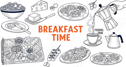 Vector illustration of assorted breakfast foods and drinks arranged around bold “BREAKFAST TIME” text in hand-drawn style