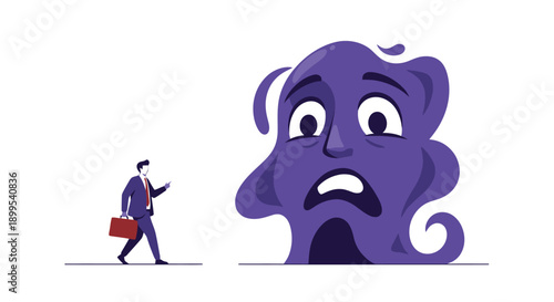 A businessman walks towards a large, frightened, purple creature with a worried expression