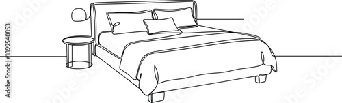 Vector illustration of bedroom with bed, pillows, blanket, bedside table, and lamp in black-and-white minimalist line art style