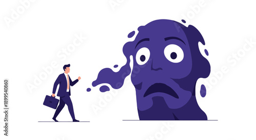 A worried businessman walks towards a large, frowning face illustration, symbolizing stress and mental health concerns.