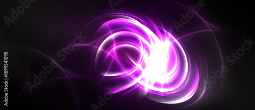 Bright purple energy swirls against dark background. Light radiates, creating dynamic abstract composition. Vivid, glowing lines form captivating visual effect.