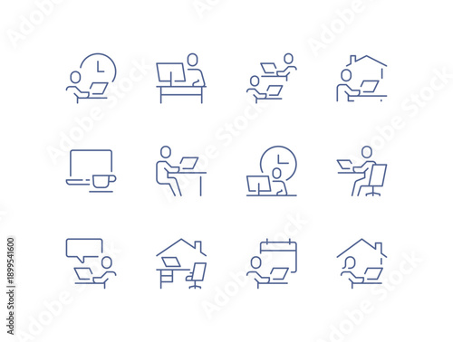 Home office and remote work icon set showing people working at desks, using laptops, managing time and collaborating online simple outlined symbols for productivity isolated flat vector illustration.
