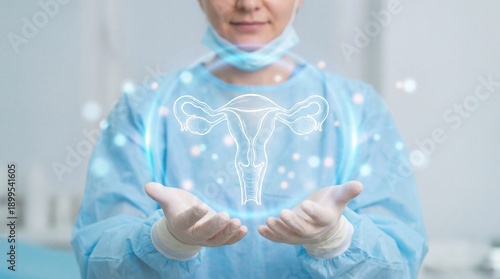 Medical professional presenting a digital illustration of the female reproductive system wearing blue scrubs and gloves in a clinical setting with a professional and informative gesture