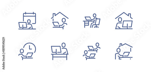 Home office and remote work icon set showing people working at desks, using laptops, managing time and collaborating online simple outlined symbols for productivity isolated flat vector illustration.