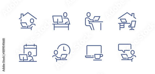 Home office and remote work icon set showing people working at desks, using laptops, managing time and collaborating online simple outlined symbols for productivity isolated flat vector illustration.