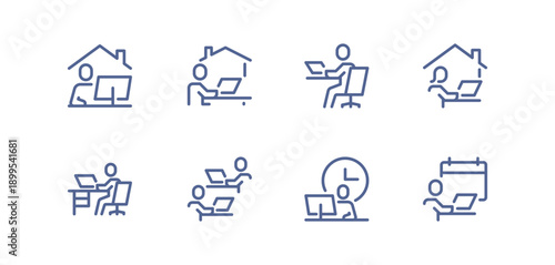 Home office and remote work icon set showing people working at desks, using laptops, managing time and collaborating online simple outlined symbols for productivity isolated flat vector illustration.