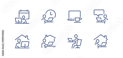 Home office and remote work icon set showing people working at desks, using laptops, managing time and collaborating online simple outlined symbols for productivity isolated flat vector illustration.