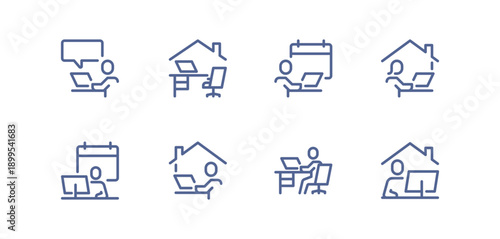 Home office and remote work icon set showing people working at desks, using laptops, managing time and collaborating online simple outlined symbols for productivity isolated flat vector illustration.