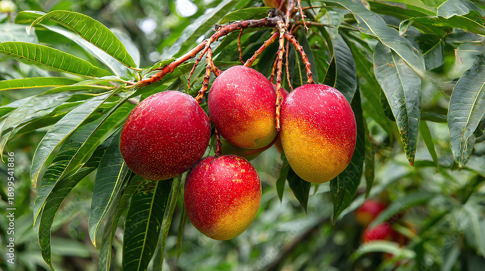 Obraz premium Ripe rainbow mangoes hang on a tree branch surrounded by green leaves. These tropical fruits display vibrant colors of red yellow and green. They are ready for harvest in a sunny garden