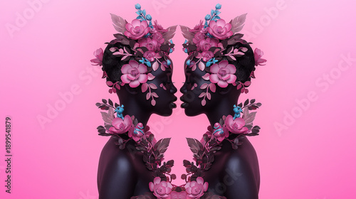 Portrait of a young, beautiful couple in love on an abstract spring background, with fresh, colorful meadow flowers adorning their faces and bodies, set against a pink plant and nature concept backdro