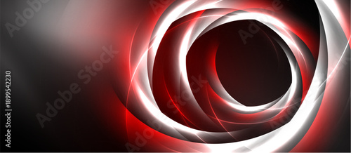 Abstract design features swirling red, white lines against dark background. Dynamic composition evokes energy, motion, depth.