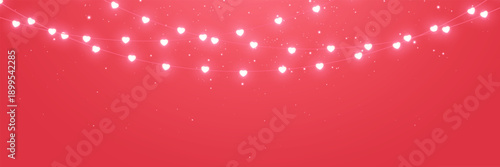 Light pink neon heart string background. Valentines day red banner. Love gold garland. Celebration party. Christmas glitter decoration. Golden bulb frame. Wedding hanging baubles. Vector illustration