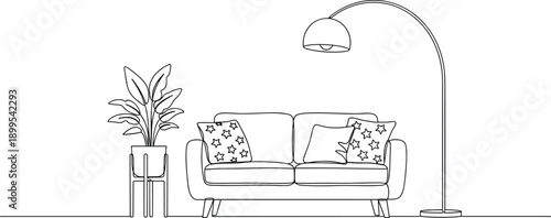   
Vector illustration of modern living room with sofa, pillows, potted plant, and floor lamp in black-and-white line art style