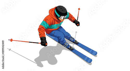 Dynamic skier navigating a downhill slope with precision and control in winter sports gear Vector