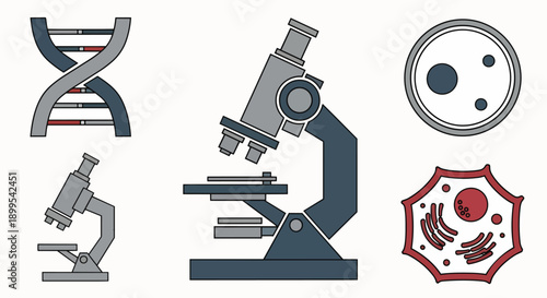 Biology science research elements DNA microscope cells illustration vector laboratory genetics medical icons discovery structure organism